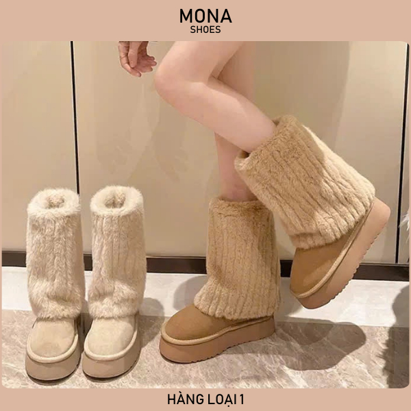 (TĂNG 1 SIZE) Giày bốt cao cổ nữ độn đế thời trang cổ lông siêu ấm, phong cách cá tính trẻ trung HB024 - MONA SHOP