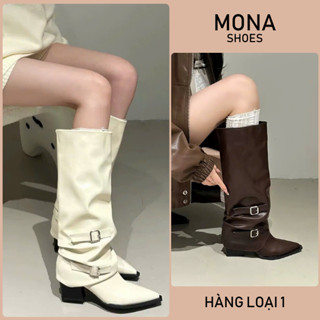 Giày Bốt Nữ Ống Cao Da Mềm Cổ Nhún Khóa Đai Gót Vuông Phong Cách Western - Mona HB23