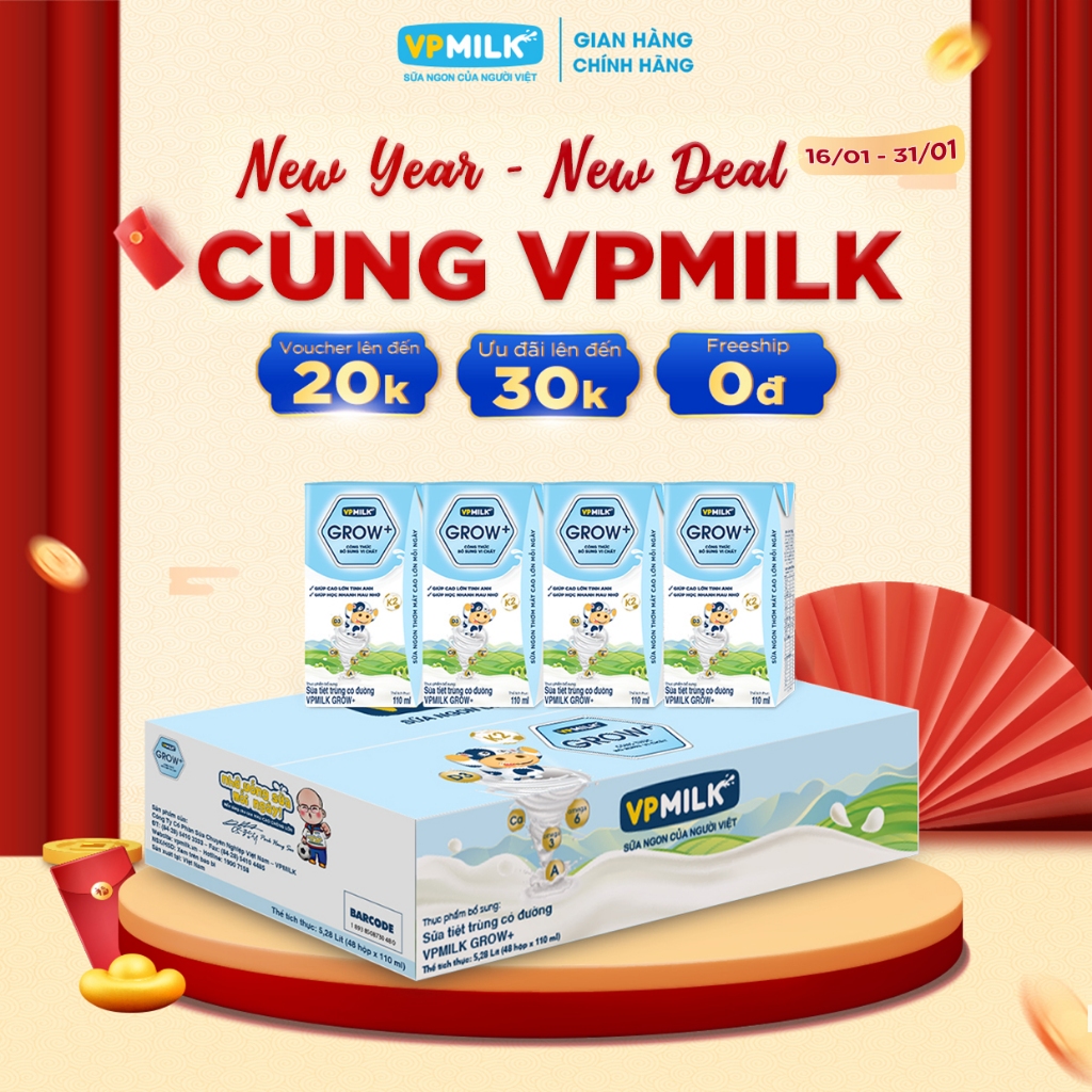 [Thùng 48 Hộp 110ml] Sữa Tiệt Trùng VPMilk Grow+ Có Đường Cho Bé Từ 1 Tuổi