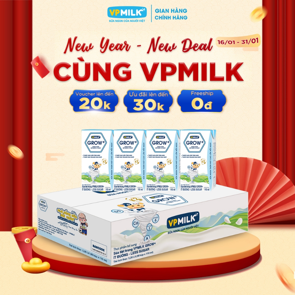 [Thùng 48 Hộp 110ml] Sữa Tiệt Trùng VPMilk Grow+ Ít Đường Cho Bé Từ 2 Tuổi