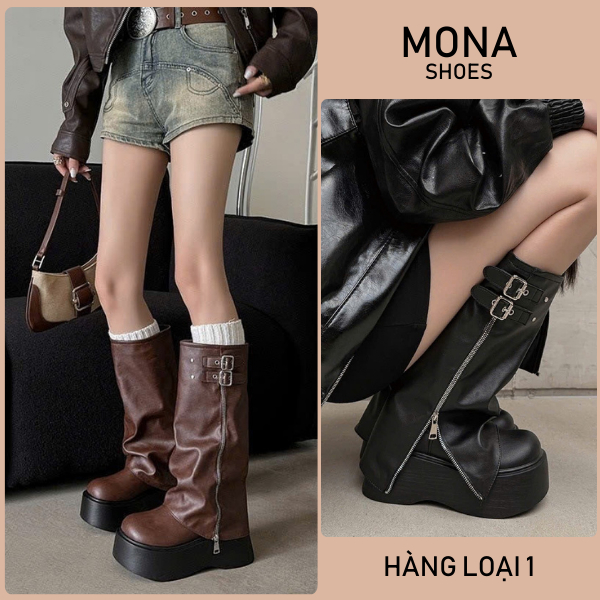 Giày bốt boots đùi nữ đế cao ống rộng khóa kim loại cao cấp cá tính MONA SHOES HB007