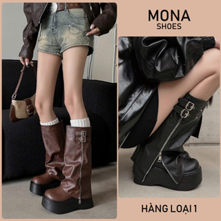 Giày bốt boots đùi nữ đế cao ống rộng khóa kim loại cao cấp cá tính MONA SHOES HB007