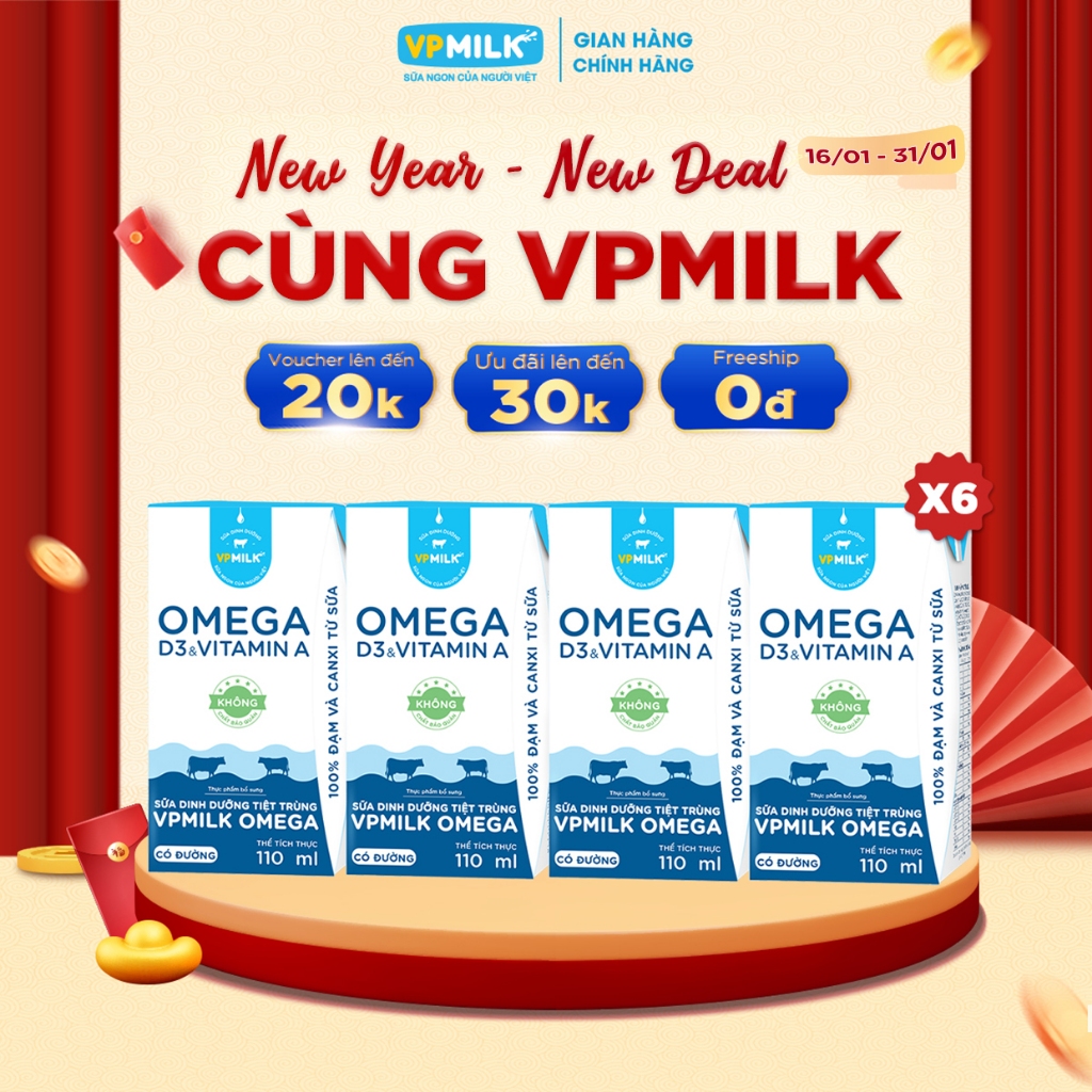 [6 Lốc 110ml] Sữa Dinh Dưỡng Tiệt Trùng VPMilk Omega CÓ ĐƯỜNG dạng HỘP ( 4 hộp x 6)