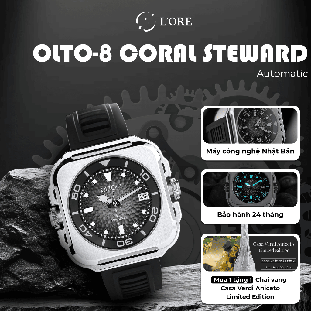 Đồng Hồ Coral Steward OLTO-8 Black L'ORE Đồng Hồ Cơ Automatic, Thiết Kế Vỏ Vuông, Mặt Kính Sapphire