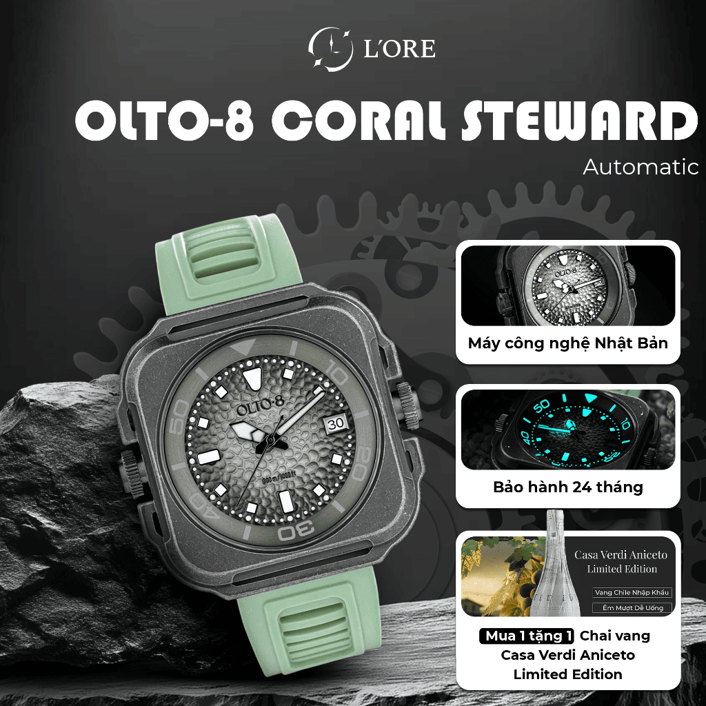 Đồng Hồ Coral Steward OLTO-8 Green L'ORE Đồng Hồ Cơ Automatic, Mặt Kính Sapphire, Chống Nước 300M