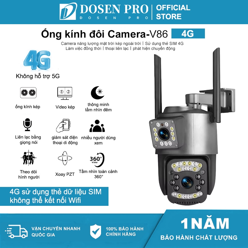 Camera V86 2 mắt 4G Sim Dosen 5.0MP - xem 360 độ không góc chết, Tầm nhìn ban đêm, hai giao diện qua