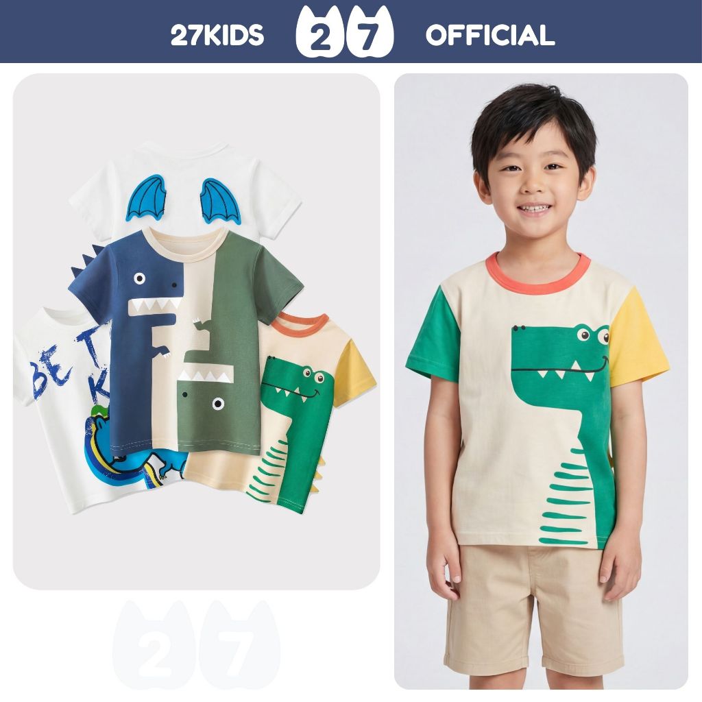 Áo thun bé trai ngắn tay 27Kids áo cộc nam vải Cotton cho trẻ từ 2-10 tuổi BSTS8