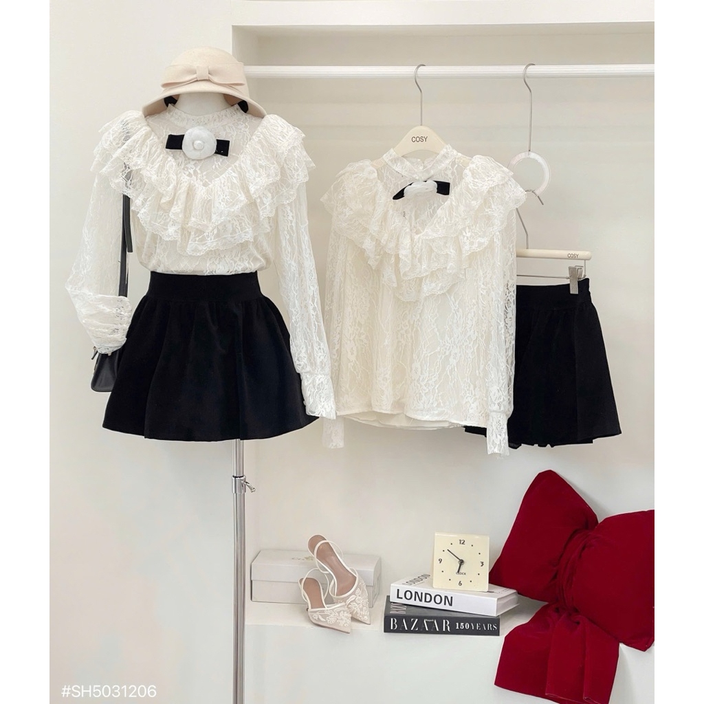 [COSY] ảnh thật Set áo ren kem bèo tầng đính hoa trà cv đen