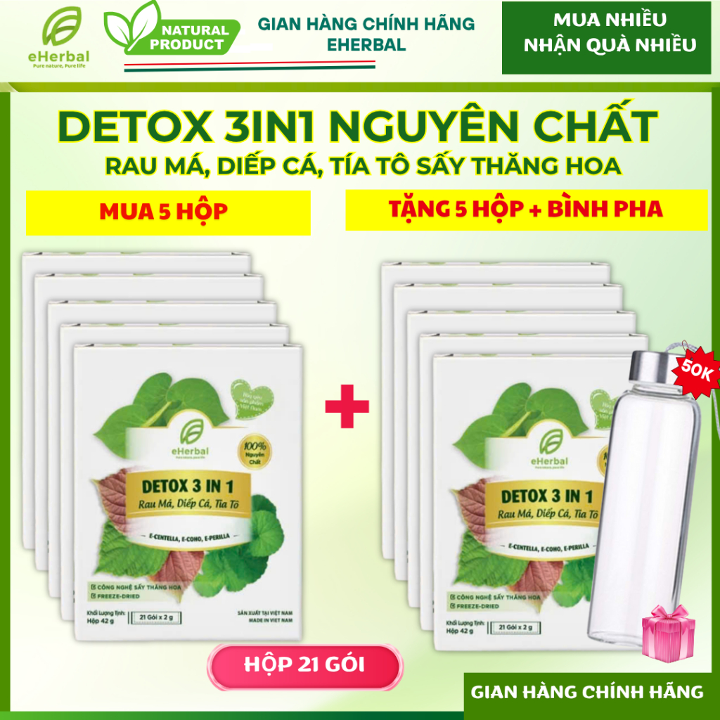 [Mua 5 Tặng 5 + Bình] Bột DETOX 3 IN 1+ Sấy Thăng Hoa Eherbal (Diếp cá, Rau Má, Tía tô nguyên chất)
