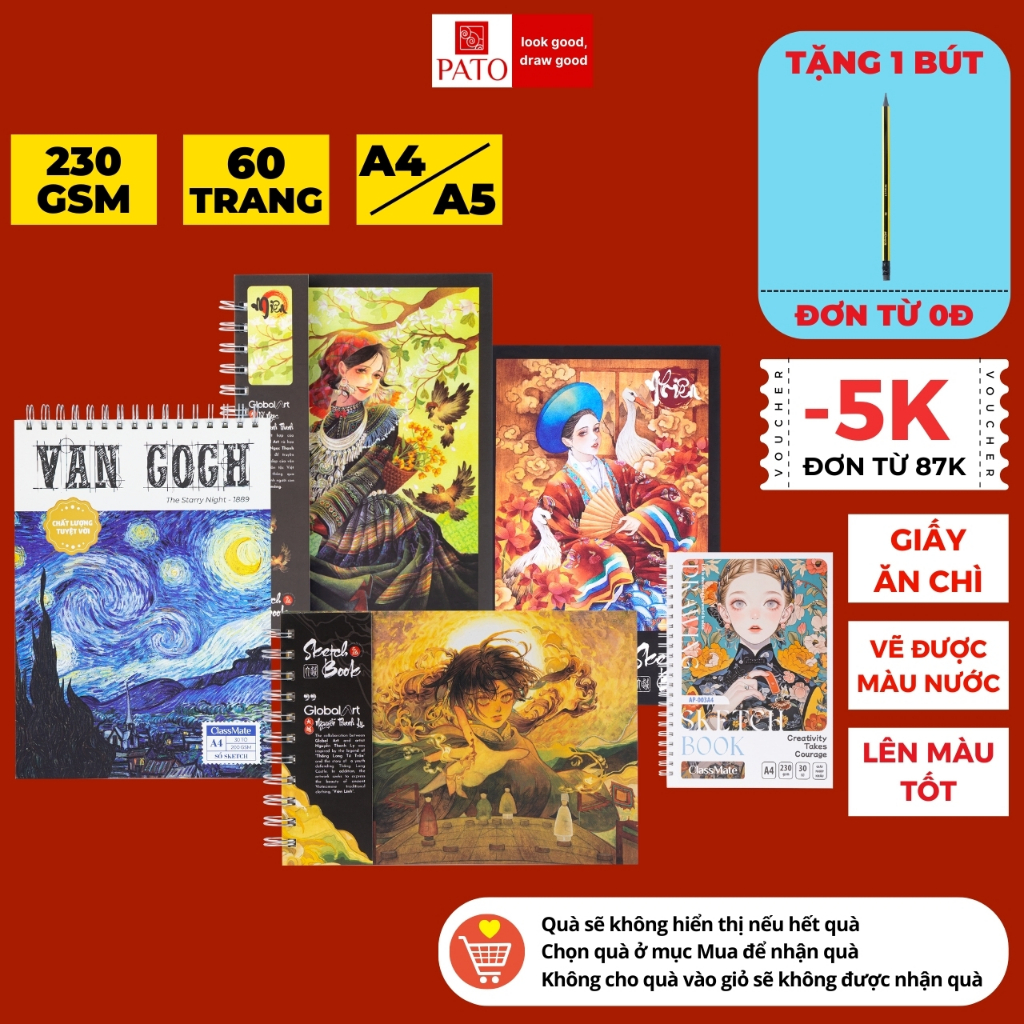 Sổ Vẽ Đa Chất Liệu GLOBAL ART 230GSM 60 Trang, Sổ Vẽ Phác Thảo A4 A5 Ăn Chì, Sổ Vẽ Màu Nước Classmate, Giấy Có Vân