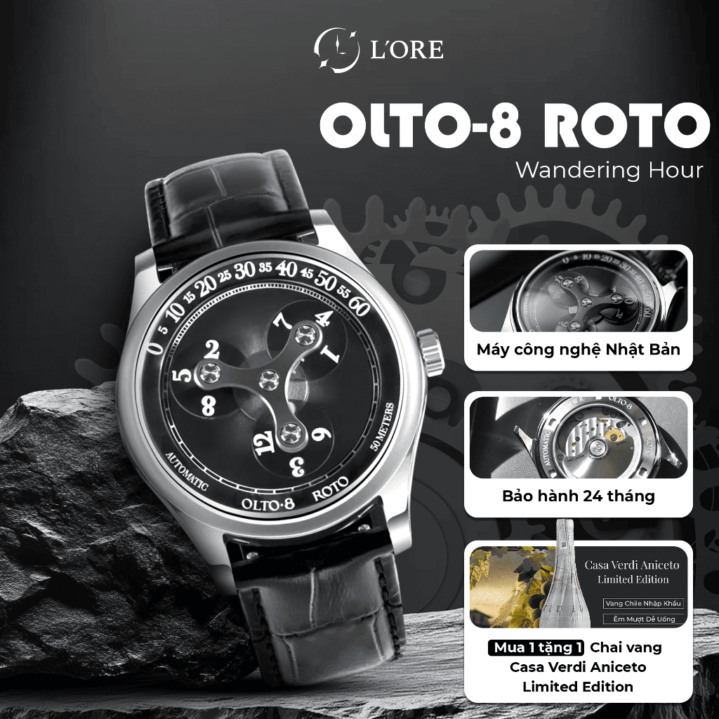 Đồng Hồ OLTO-8 ROTO Midnight Black L'ORE Đồng Hồ Cơ Wandering Hour Mặt Kính Sapphire, Phản Quang