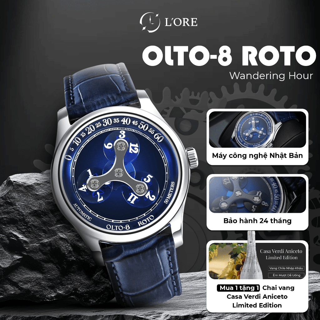 Đồng Hồ OLTO-8 ROTO Ocean Blue L'ORE Đồng Hồ Cơ Wandering Hour Mặt Kính Sapphire, Chống Trầy