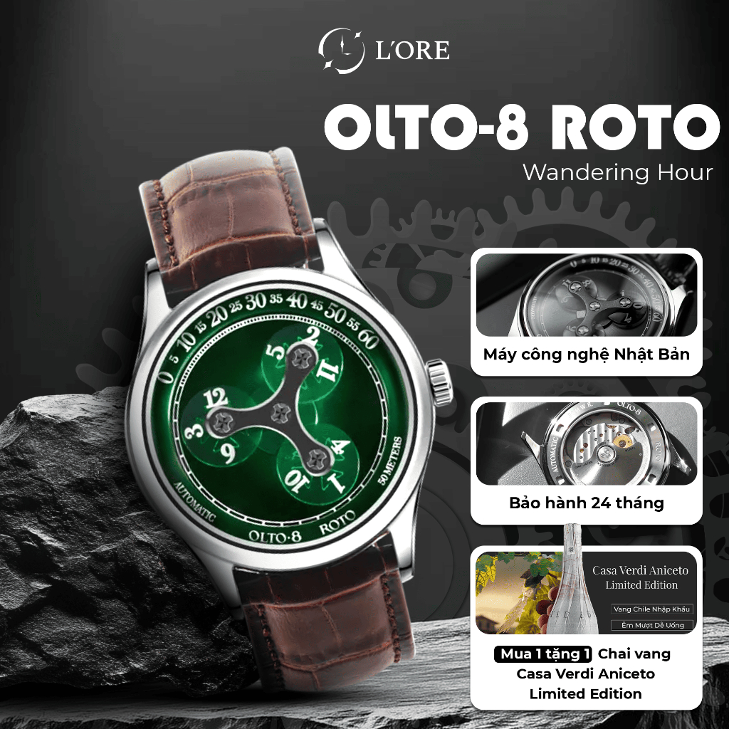 Đồng Hồ OLTO-8 ROTO Jade Green L'ORE Đồng Hồ Cơ Wandering Hour, Mặt Kính Sapphire Chống Trầy.
