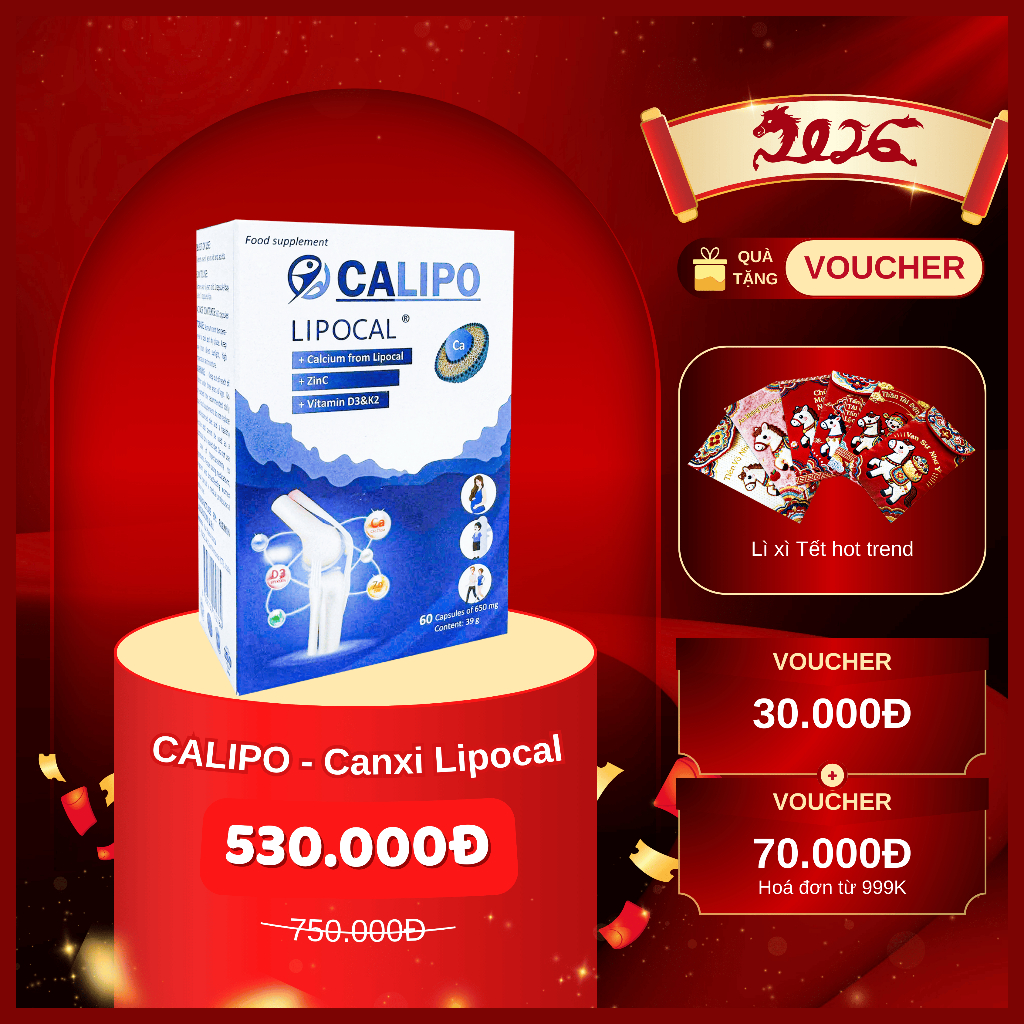 CALIPO - Canxi Lipocal sinh học thế hệ mới, Bổ sung Canxi, Magie, Kẽm, Vitamin D3, Vitamin K2