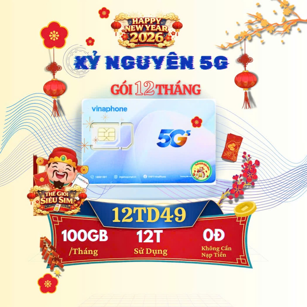 [Data 1 năm] Gói 12TD49 100gb/Tháng - Miễn phí 12 Tháng Sử Dụng – Sim Data 4G 5G vinaphone - Lắp là 