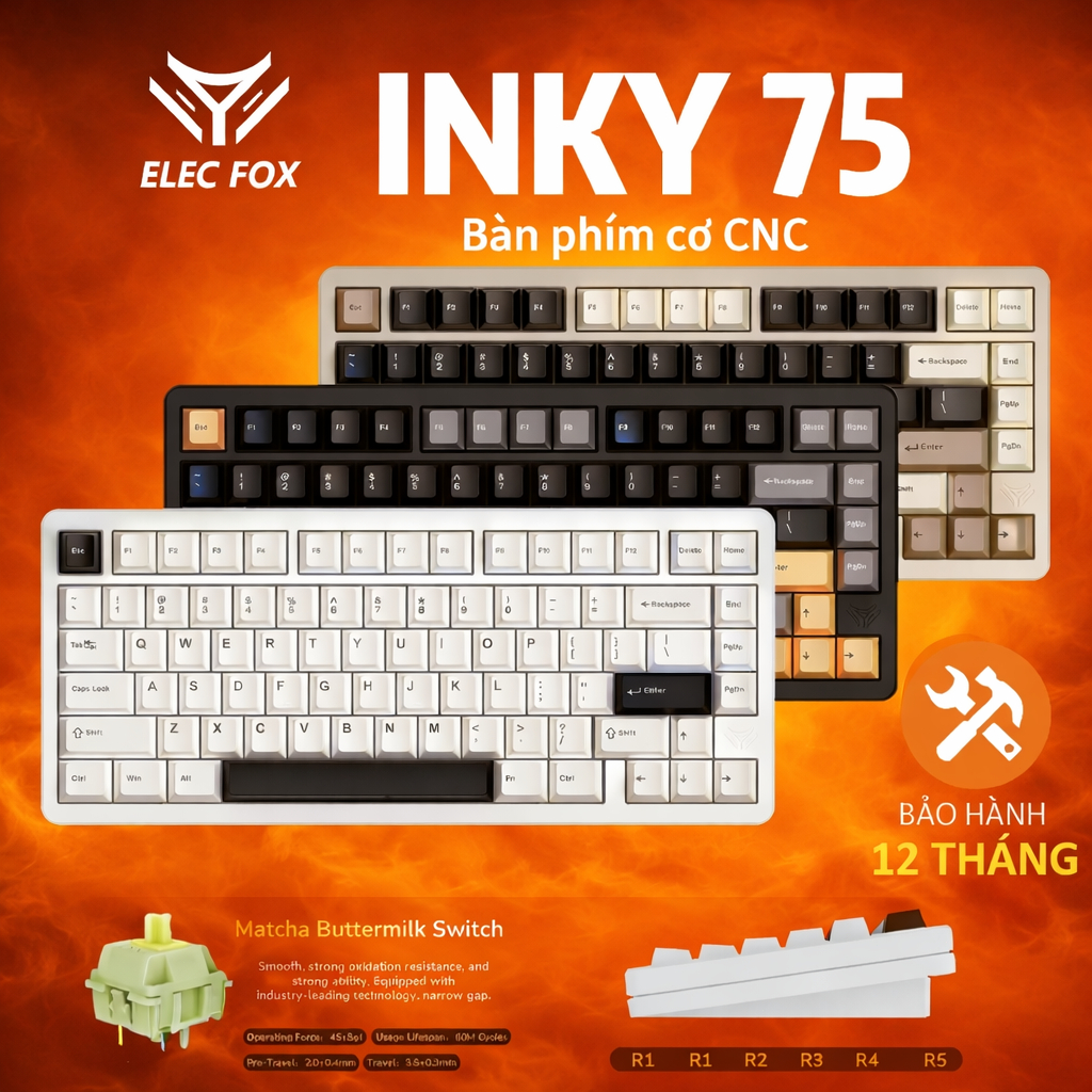 Bàn phím cơ ELECFOX INKY75  CNC  không dây 3 mode Mạch Xuôi  Hỗ trợ hotswap 5 pin  LED RGB  Có App