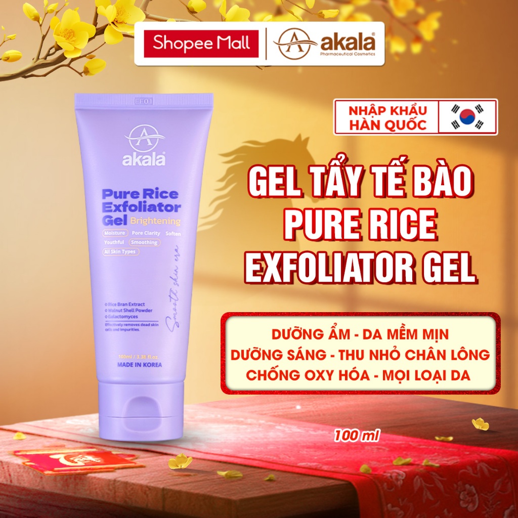 Gel Tẩy Tế Bào Chết HÀN QUỐC Cám Gạo & Bột Vỏ Hạt Óc Chó Làm Mịn Da Dưỡng Sáng Cấp Ẩm akala 100ml