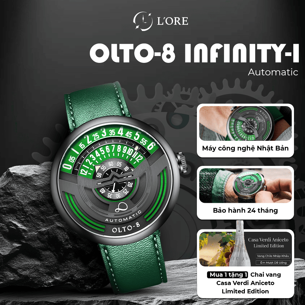 Đồng Hồ INFINITY-I OLTO-8 Gold Black L'ORE Đồng Hồ Cơ Thiết Kế Vòng Tua Tốc Độ, Phong Cách Thể Thao
