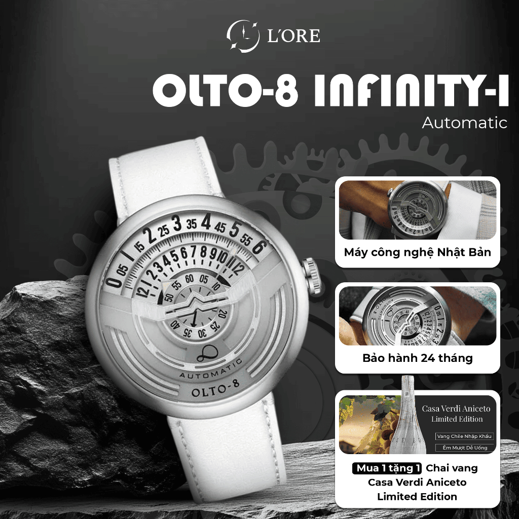 Đồng Hồ INFINITY-I OLTO-8 Silver L'ORE Đồng Hồ Cơ Thiết Kế Vòng Tua Tốc Độ, Kính Sapphire Chống Trầy