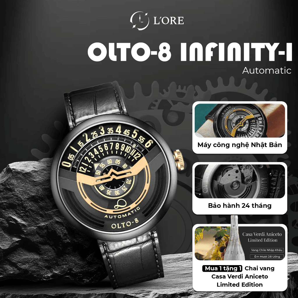 Đồng Hồ INFINITY-I OLTO-8 Gold Black L’ORE Đồng Hồ Cơ Phản Quang, Mặt Kính Sapphire Chống Trầy