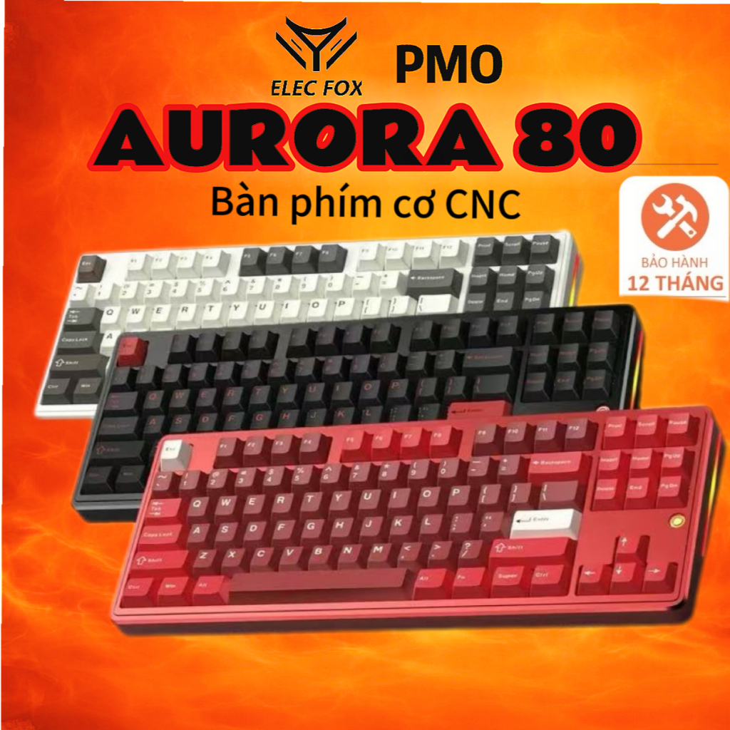 Bàn Phím Cơ Prebuild PMO Aurora 80 TKL 87 Phím Nhôm CNC 3 Chế Độ Kết Nối Gasket Mount RGB Aurora