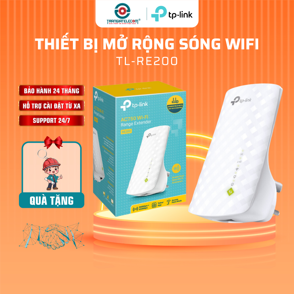 Bộ Mở Rộng Sóng Wi-Fi AC 750Mbps TP-Link RE200 Tốc độ 100Mbps, đến 20 user - TRANGIATELECOM
