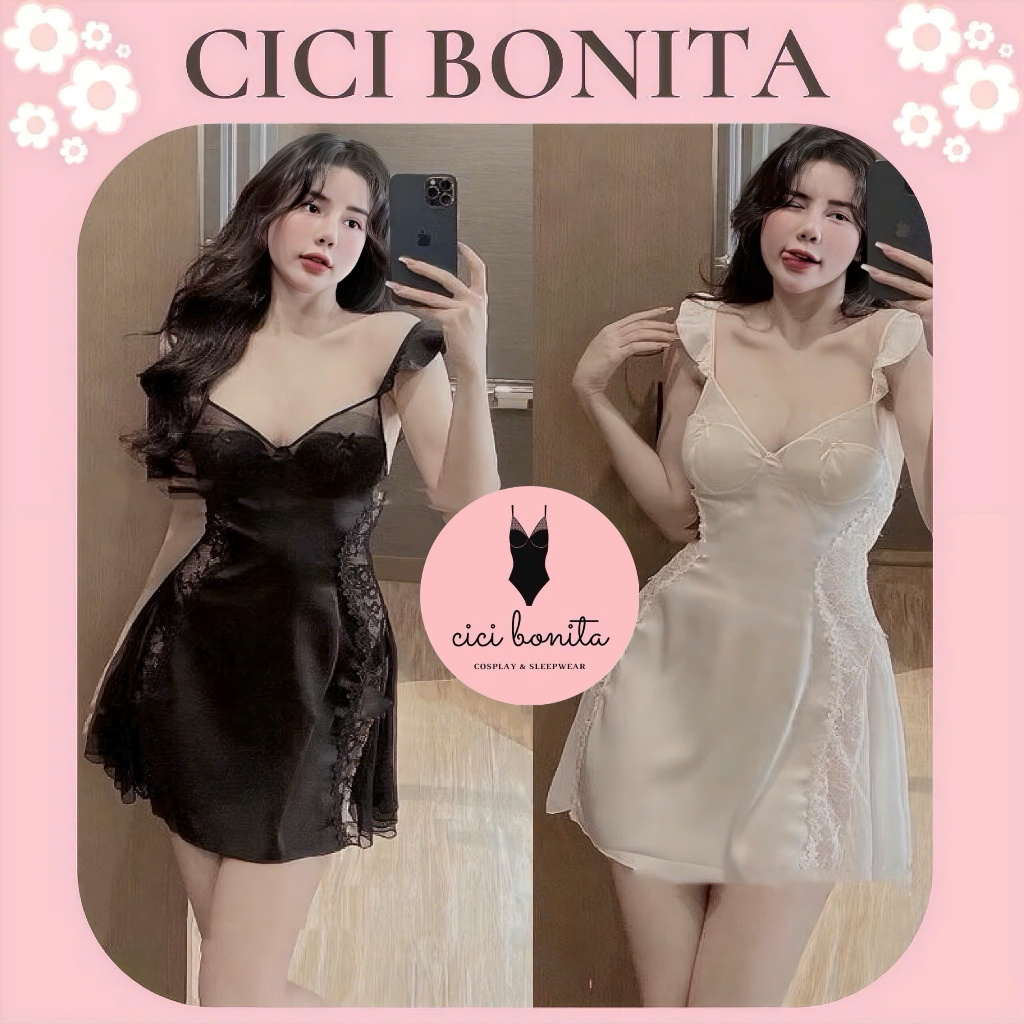 Váy lụa sexy cao cấp, đầm ngủ tiểu thư cánh tiên cúp trái đào CV100 CICI BONITA HCM