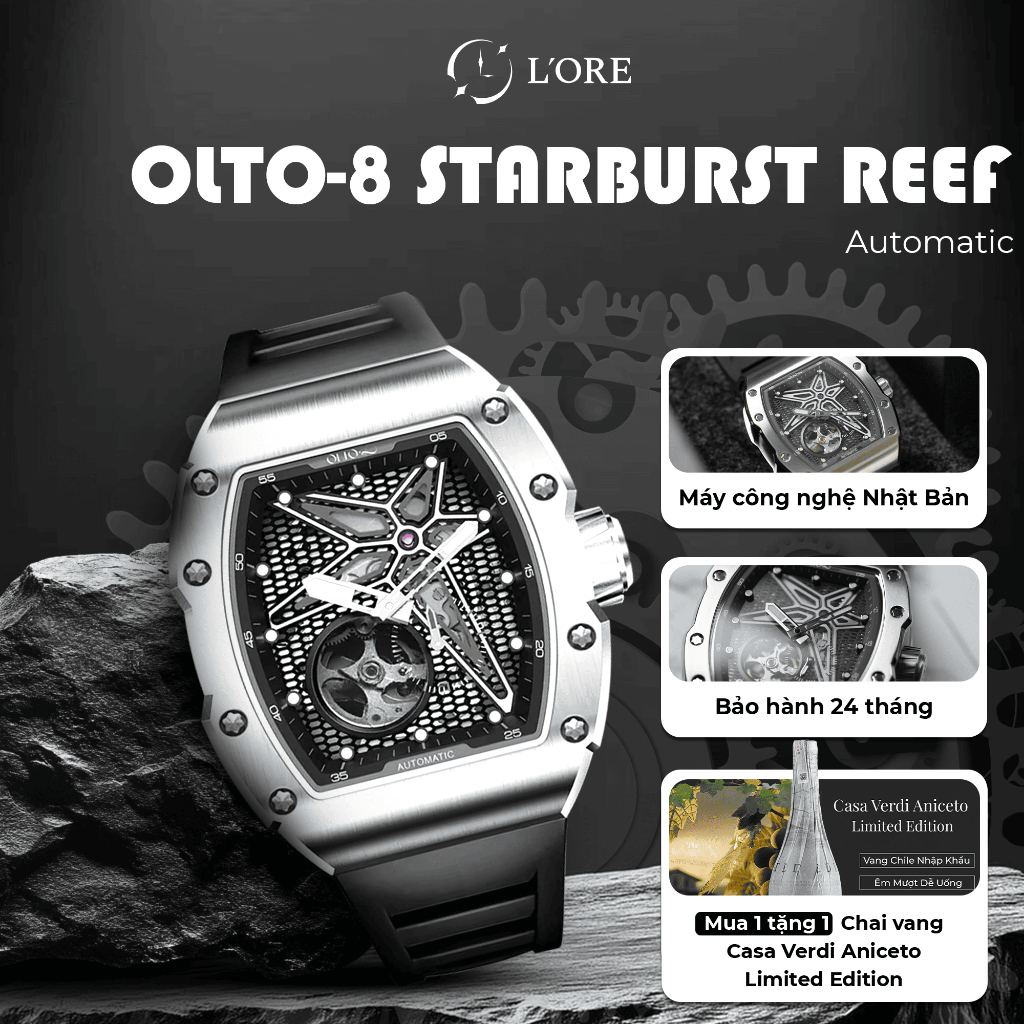 Đồng Hồ REEF OLTO-8 Silver L'ORE Đồng Hồ Cơ Skeleton, Phản Quang Mặt Số, Kính Sapphire Chống Trầy