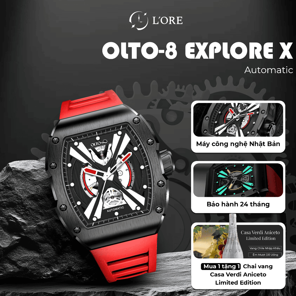 Đồng Hồ EXPLORE-X OLTO-8 Red L'ORE Đồng Hồ Cơ Lộ Máy Skeleton, Vỏ Thép 316L Cứng Cáp Chống Ăn Mòn