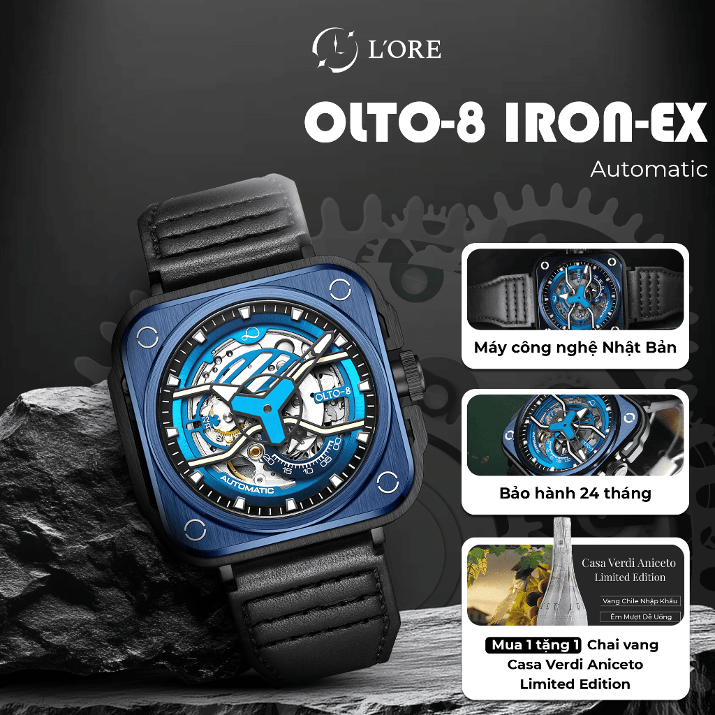 Đồng Hồ IRON-EX OLTO-8 Blue L'ORE Đồng Hồ Cơ Lộ Máy Skeleton, Phát Sáng 4 Góc Mặt Số Ban Đêm.