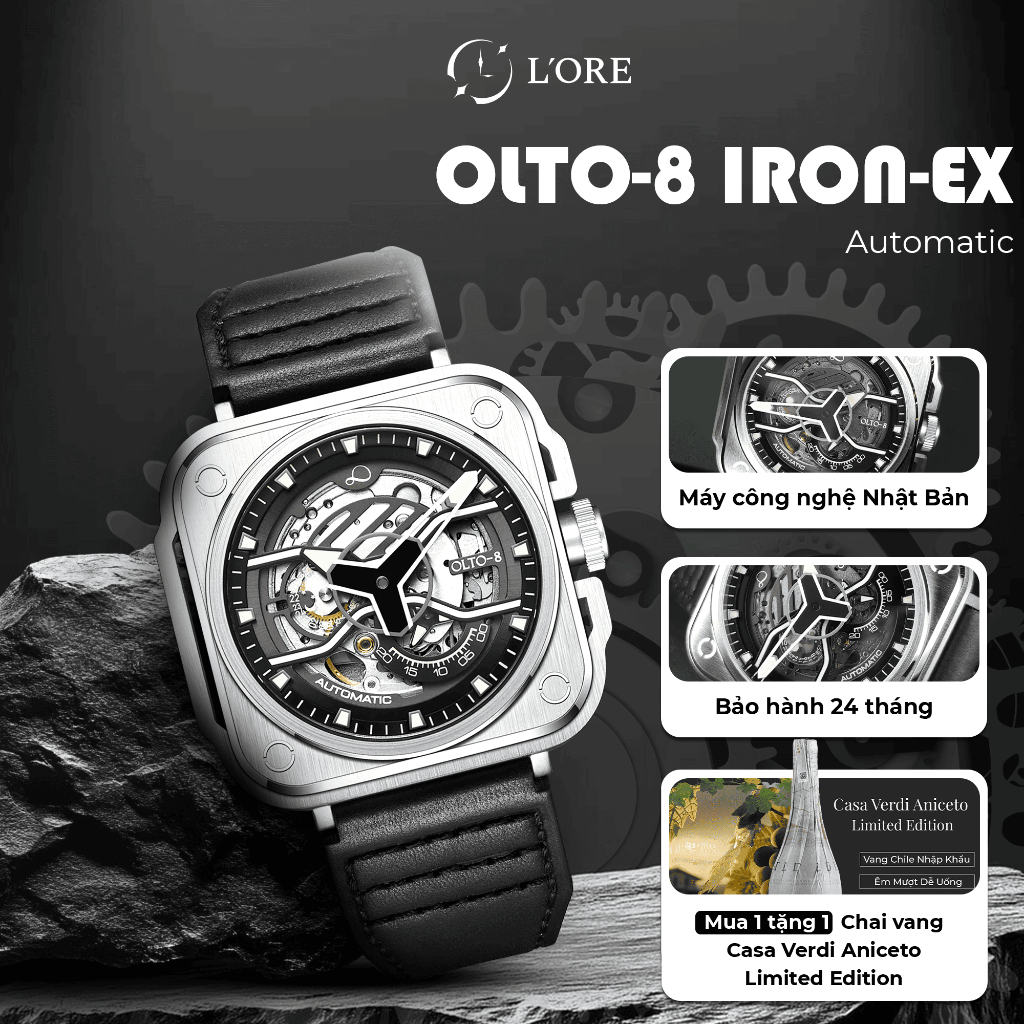 Đồng Hồ IRON-EX OLTO-8 Silver L'ORE Đồng Hồ Cơ Lộ Máy Skeleton, Sapphire Chống Trầy, Chống Nước