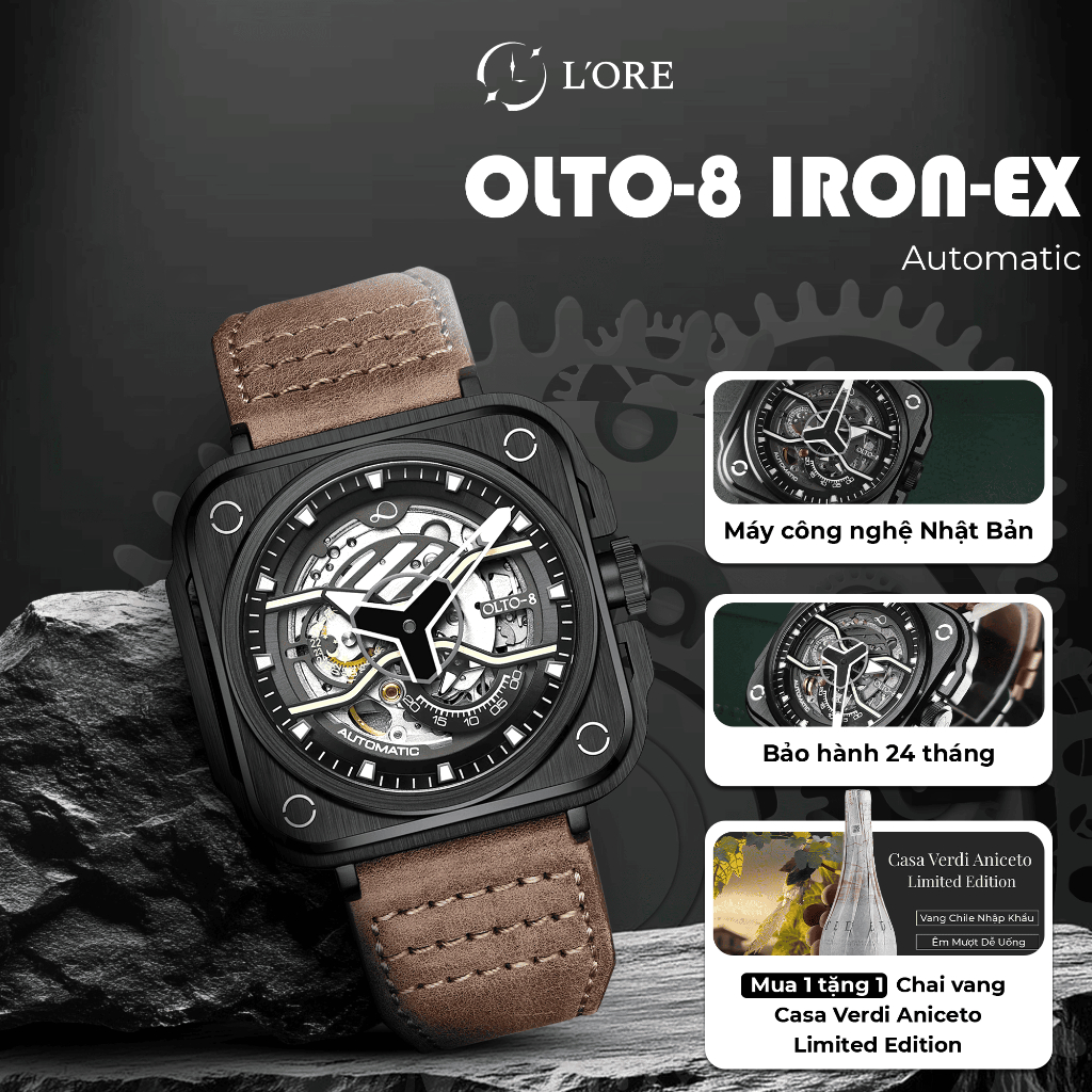 Đồng Hồ IRON-EX OLTO-8 Brown L'ORE Đồng Hồ Cơ Lộ Máy Skeleton, Vỏ Thép 316L Cứng Cáp, Chống Ăn Mòn