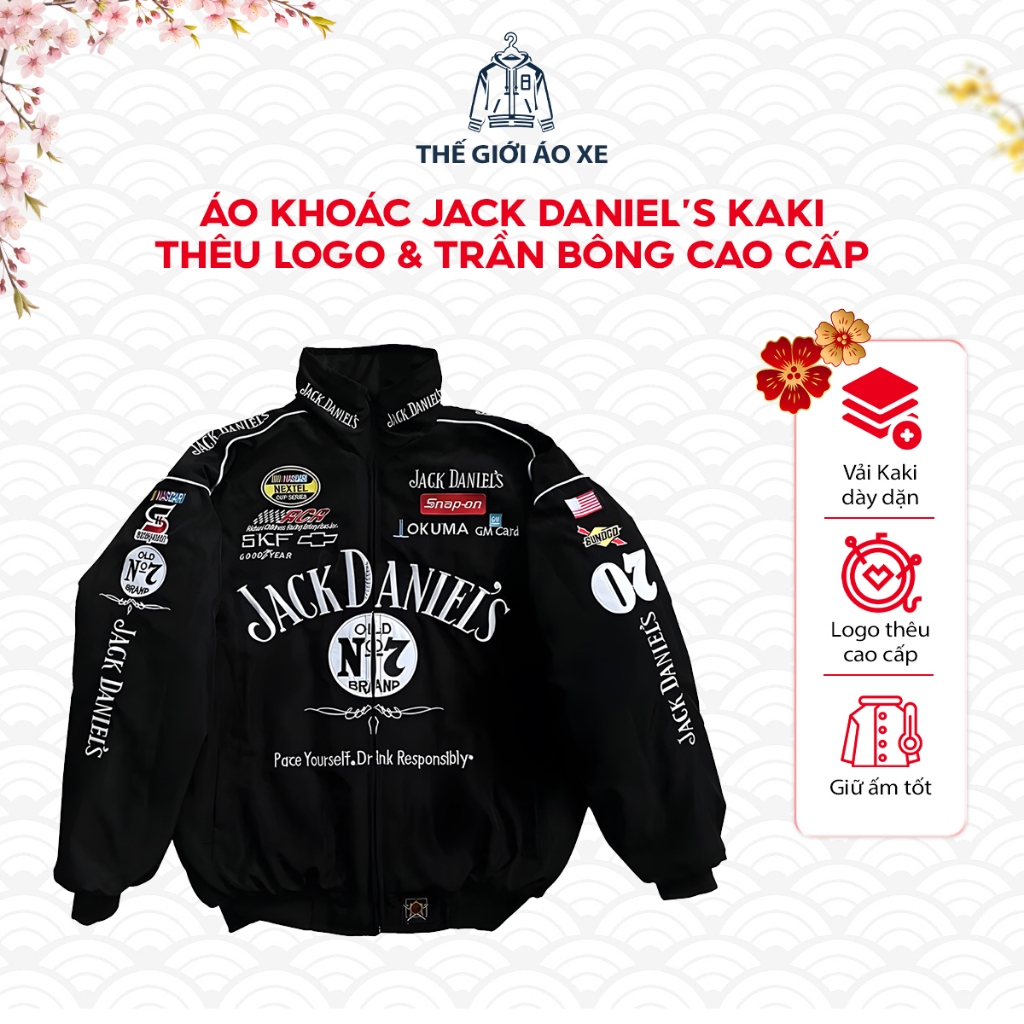 Áo Khoác Jack Daniels Kaki Dày, Thêu Logo, trần bông ấm hottrend
