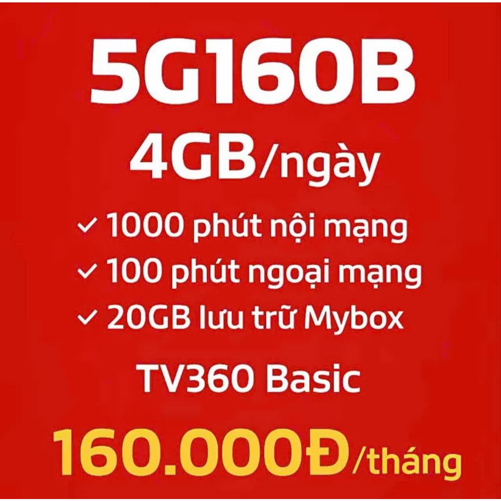 [GÓI CƯỚC VIETTEL COMBO 5G}5G160B 4GB/Ngày 1000p gọi nội mạng 100p gọi ngoại mạng 20GB Lưu Trữ Mybox