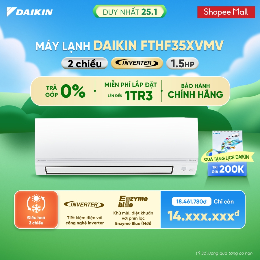 [MIỄN PHÍ LẮP ĐẶT 1TR3] Điều hòa Daikin Inverter 2 chiều FTHF35XVMV - 1.5HP 12000BTU