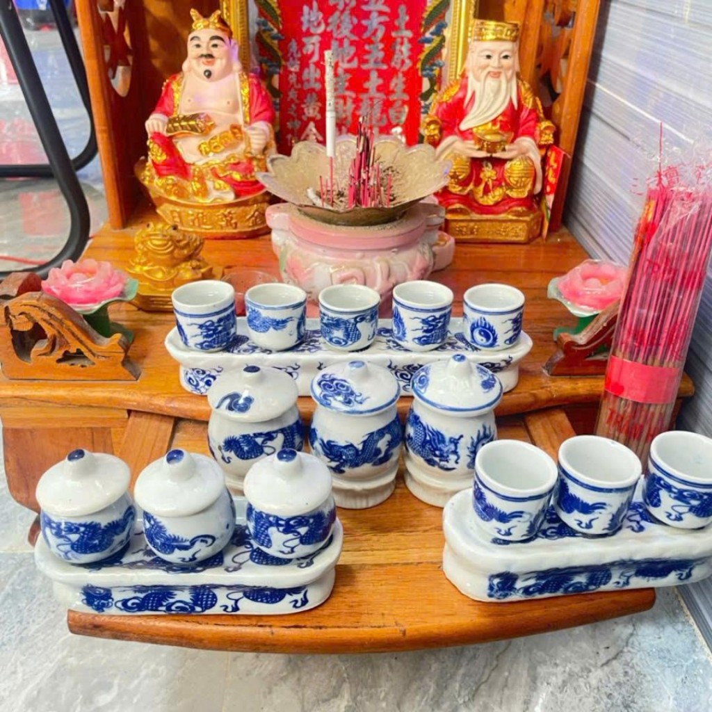 Bộ 3 Chung & 5 Chung Nước Cúng Men Xanh Kỷ Ngai Rồng Xanh Đẹp Phong Thủy