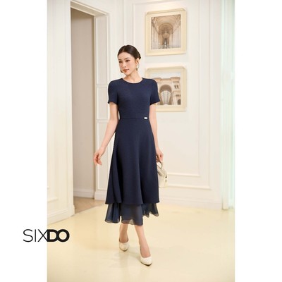 Đầm đuôi cá voan ngắn tay cổ tròn SIXDO (Dark Navy Woven Flared Dress)