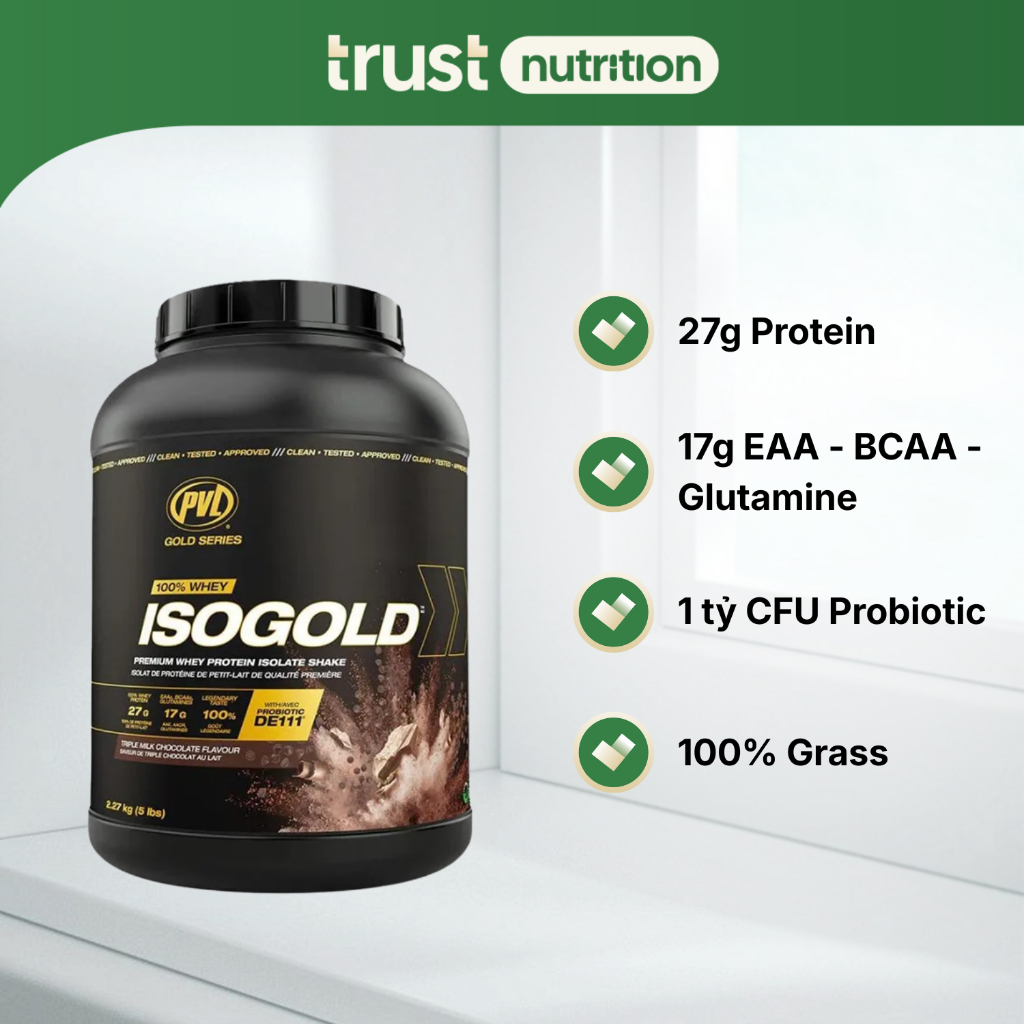 Bột hỗ trợ tập gym, không gây đầy bụng PVL ISO Gold Premium Whey Protein With Probiotic
