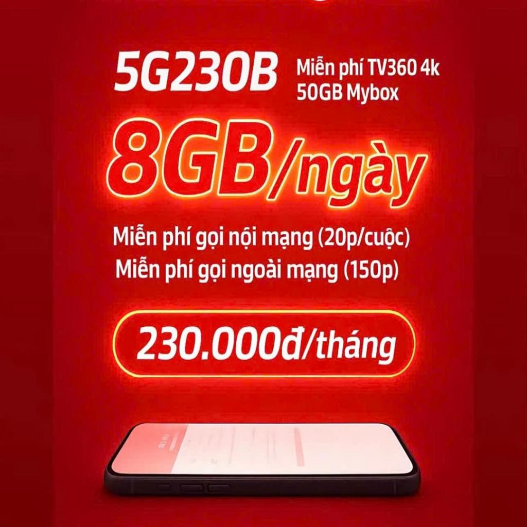 (VIETTEL Gói Combo Siêu Khuyến Mãi ) 5G230B 240GB Data Tốc Độ Cao 30 Ngày .Sử dụng 8GB/Ngày