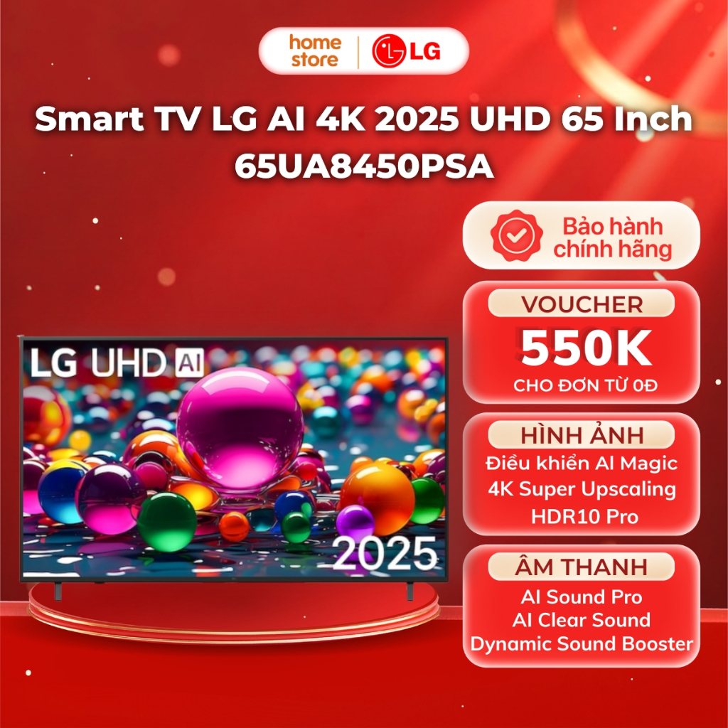 Smart TV LG AI 4K 2025 UHD 65 Inch 65UA8450PSA | TiVi LG Smart AI 4K 2025 65 Inch | Bảo Hành 24 Thán