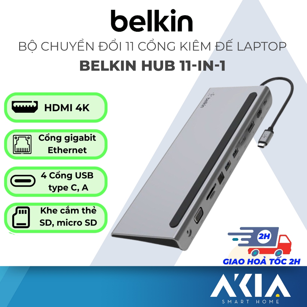 Bộ chuyển đổi Belkin 11-in-1 USB-C Hub, HDMI 4K, Display Port, VGA, 3 cổng USB-A, khe cắm thẻ SD