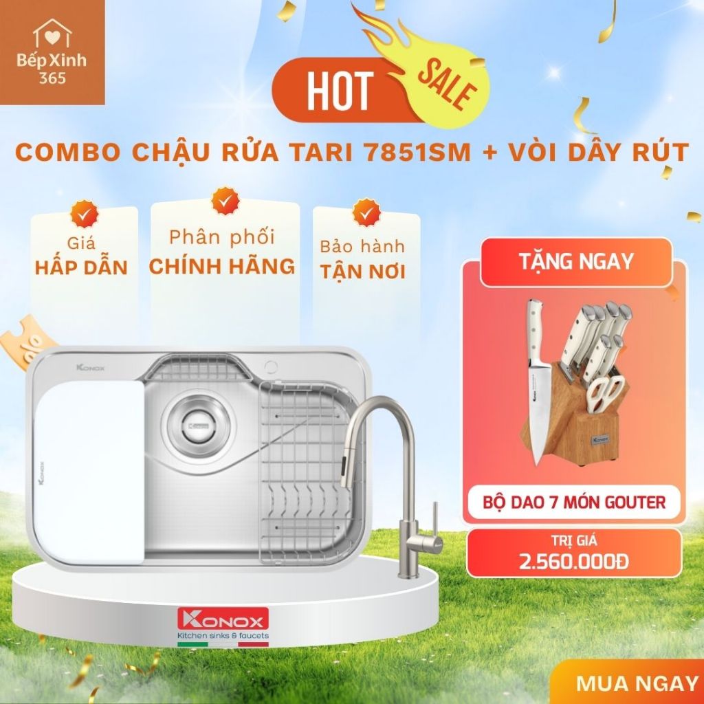 [ TẶNG BỘ DAO 7 MÓN GOUTER] Chậu rửa bát Konox Tari 7851SM - Inox 304 Chống Oxy Hóa Độ Bền Cao