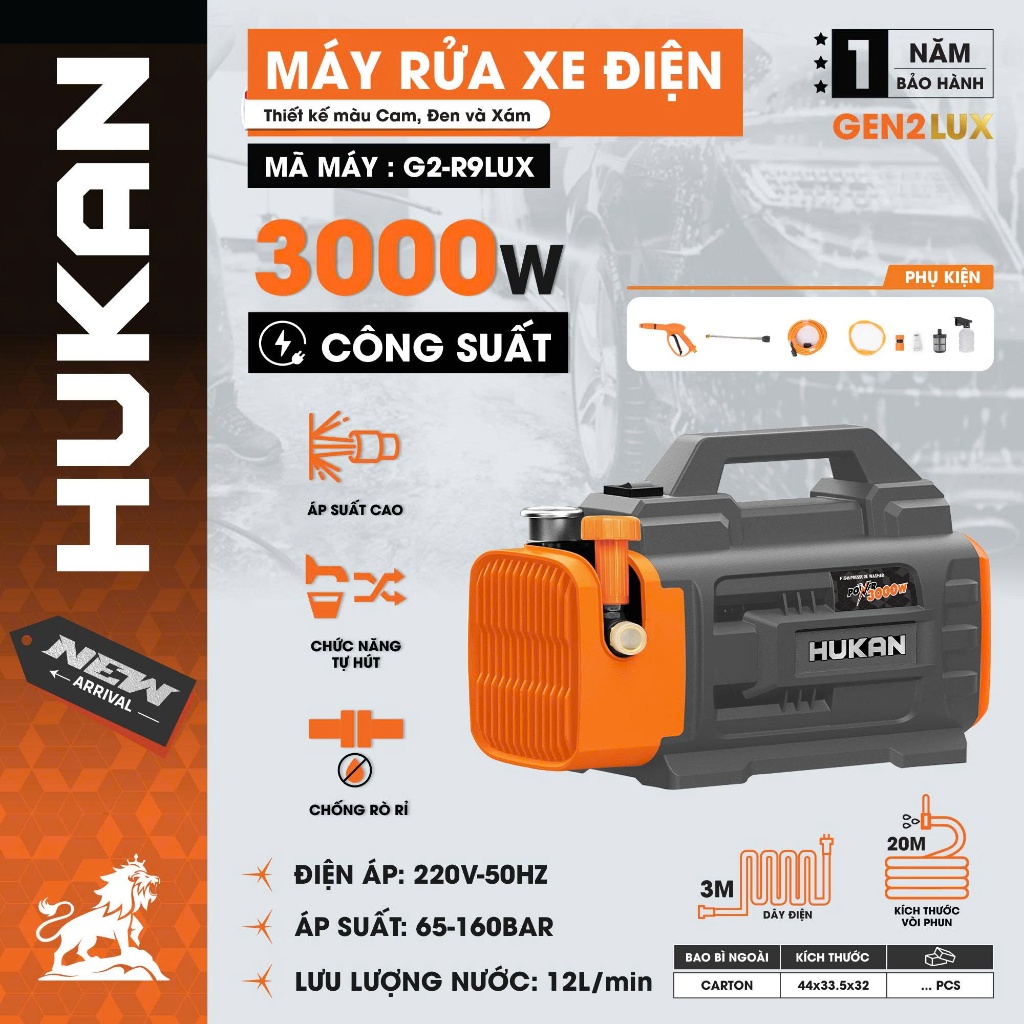 Máy rửa xe HUKAN G2-R9LUX, Công suất 3000w, Dây cao áp 20m - Động cơ dây đồng 100% - Có chỉnh áp