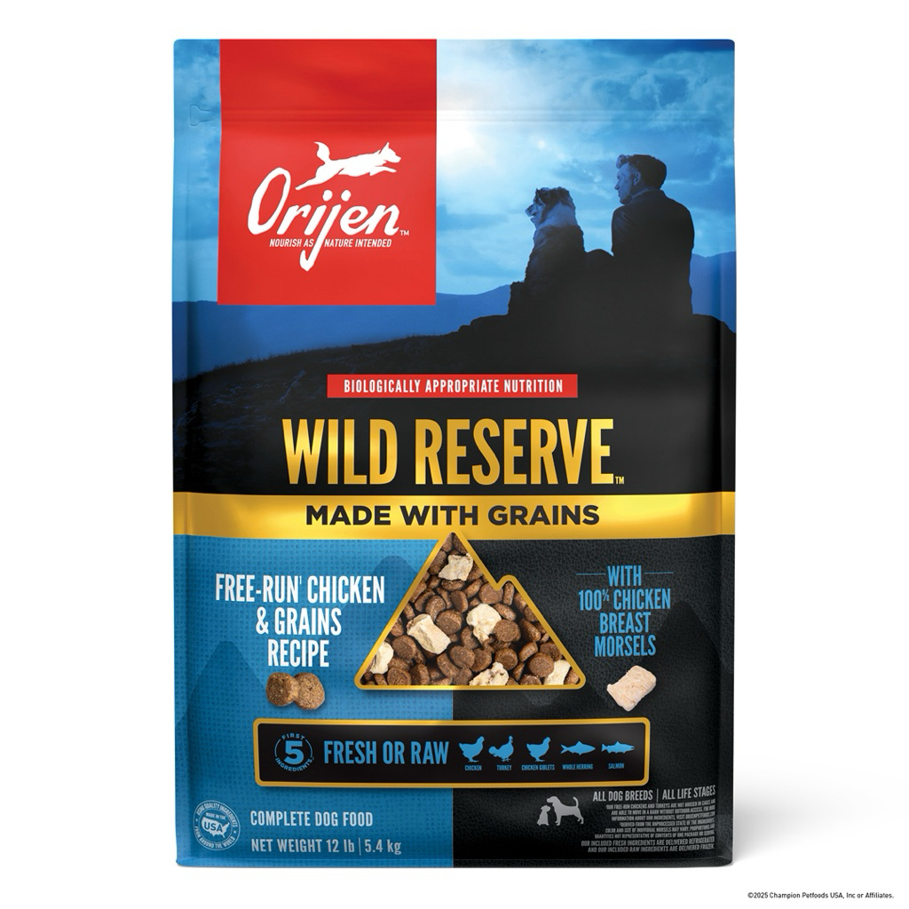 ORIJEN WILD RESERVE CHICKEN & GRAIN: Hạt Từ Gà Thả Vườn, Cá Biển, Topping Ức Gà Sấy Lạnh & Hỗn Hợp N