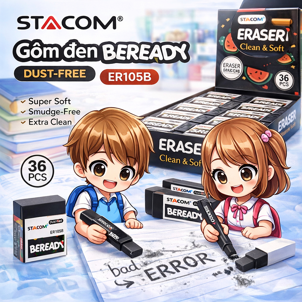 Combo 2/6/10 viên gôm đen cao cấp | chất liệu PVP Nano, tẩy siêu sạch, kích thước cỡ trung | Stacom ER105B