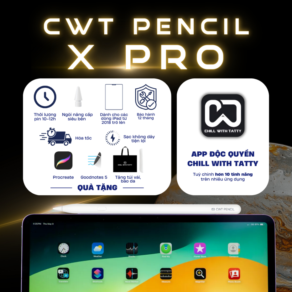 Bút cảm ứng CHILL WITH TATTY Pencil X Pro sạc không dây dùng cho các các thiết bị cảm ứng I.p.a.d có hỗ trợ sạc hít