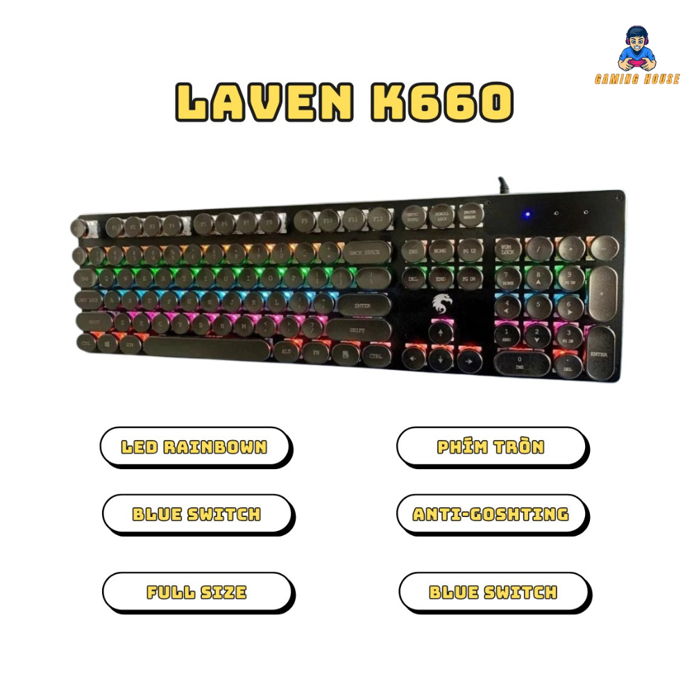 Xả hàng Bàn phím cơ Gaming House Blue Switch Chống nước Có LED Phong Cách Cổ Điển