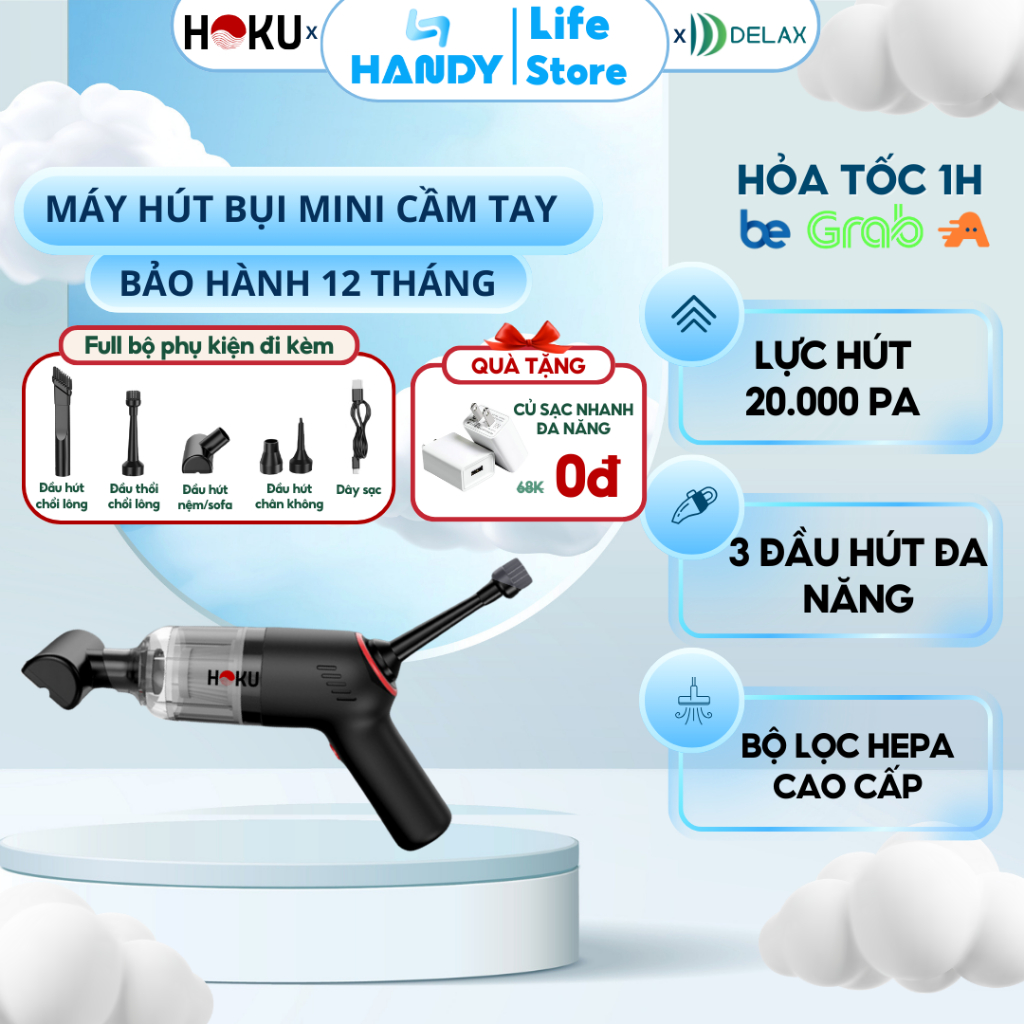 Máy Hút Bụi HOKU Không Dây Cao Cấp – Cầm Tay Tiện Lợi, Công Suất Lớn 20.000PA, Lõi Lọc Hiện Đại, Vệ Sinh Toàn Diện MHB02