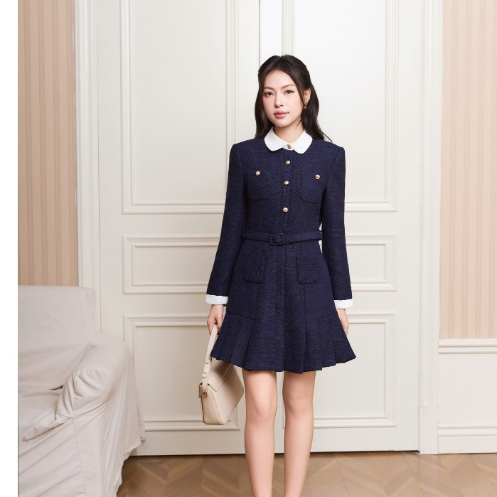 Váy dạ tweed phối cổ, măng séc trắng 4 túi ốp form basic sang trọng thời trang Calie VA510
