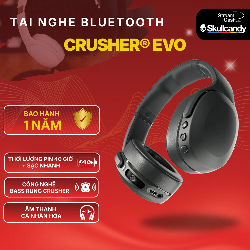 [THƯƠNG HIỆU MỸ] Tai nghe Bluetooth chụp tai SKULLCANDY CRUSHER EVO - BH 1 NĂM| Pin 40H, bass rung